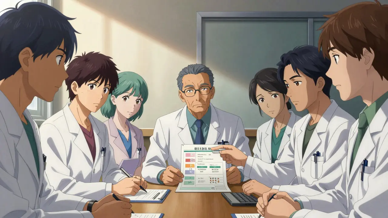 Hospital medical team debating drug substitution protocols in a serious meeting