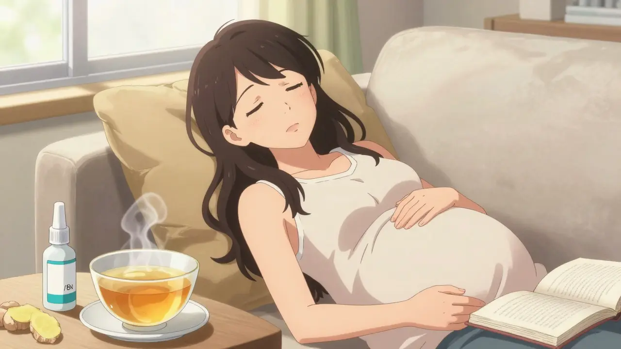 Relaxed pregnant woman using natural remedies like ginger and saline