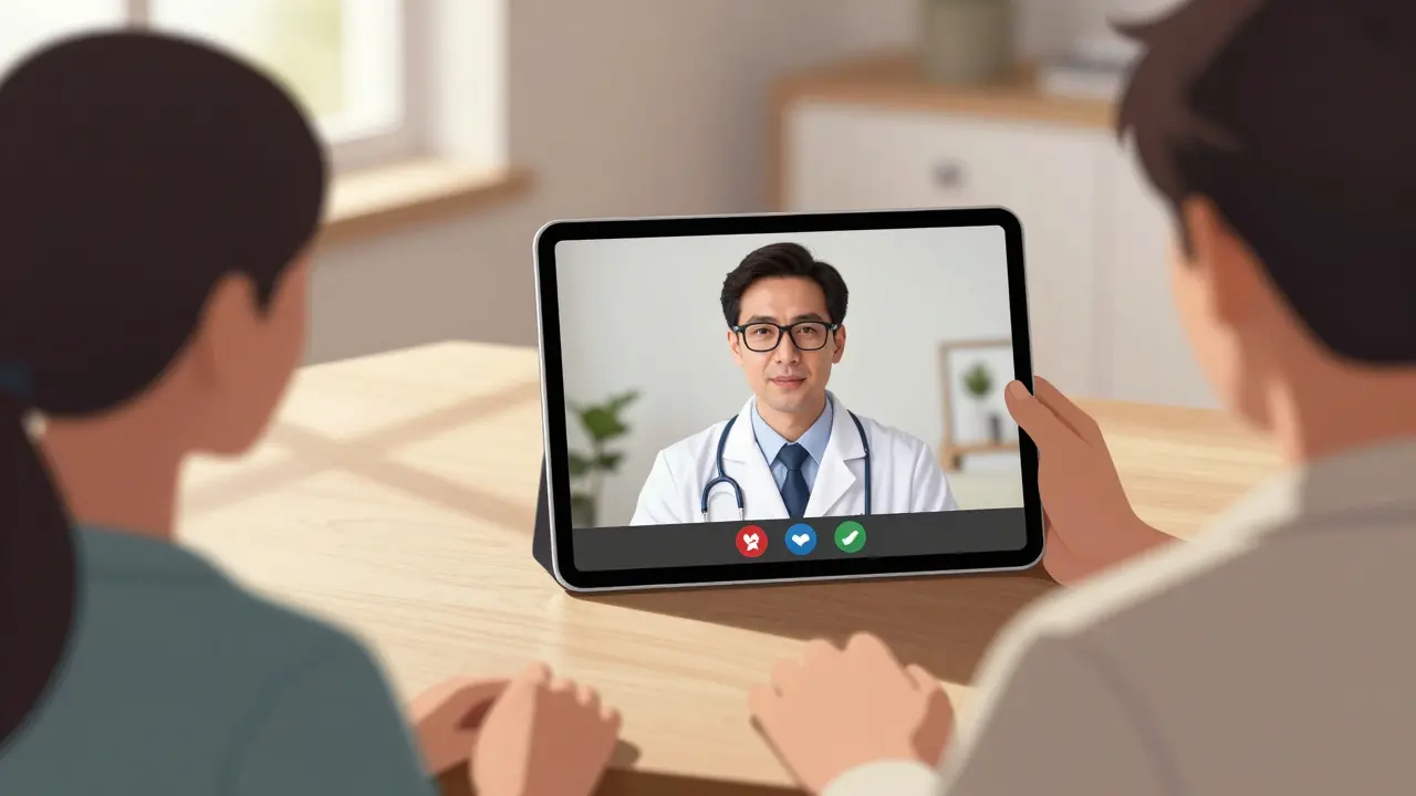 Seinen style illustration of a patient having a video call with a doctor