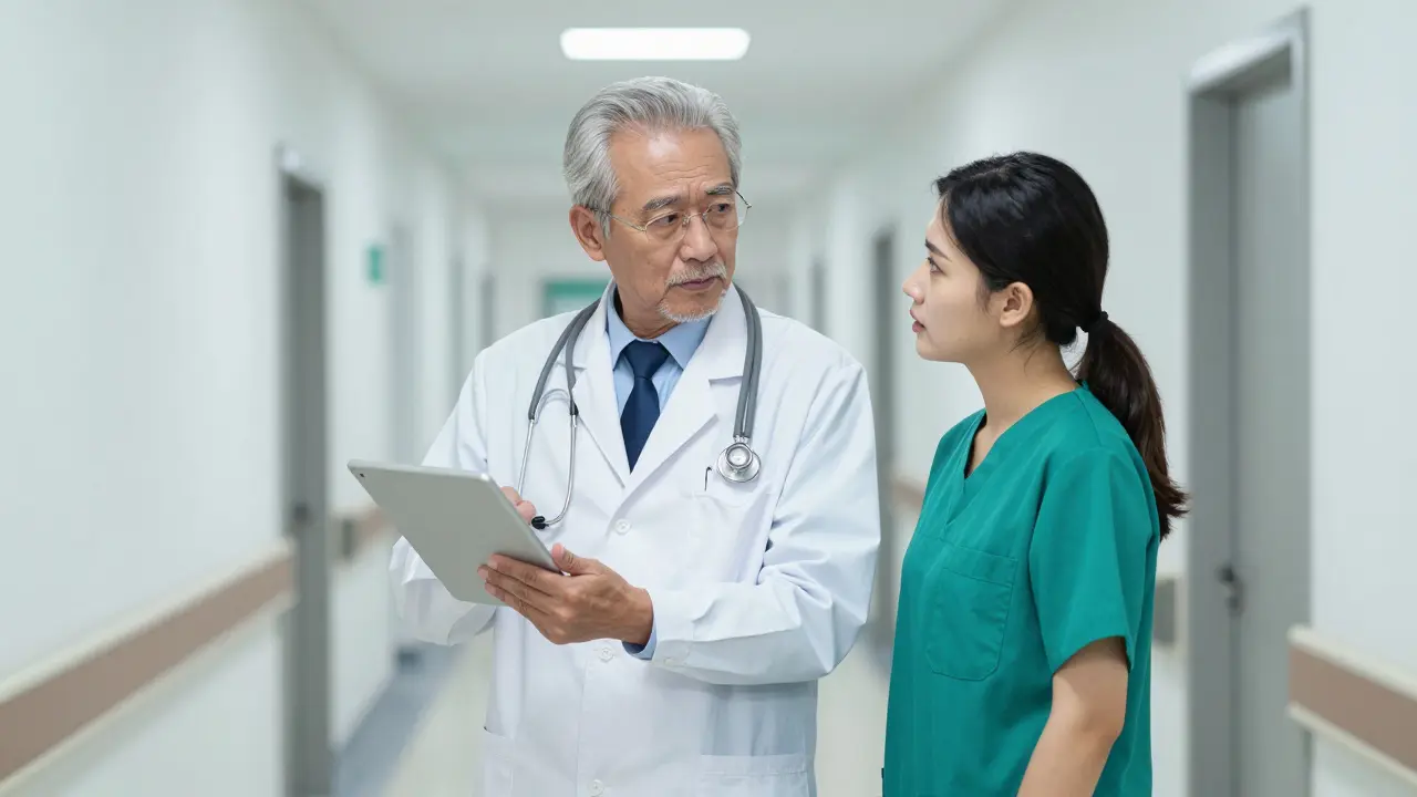 Senior doctor teaching junior resident about generic prescriptions