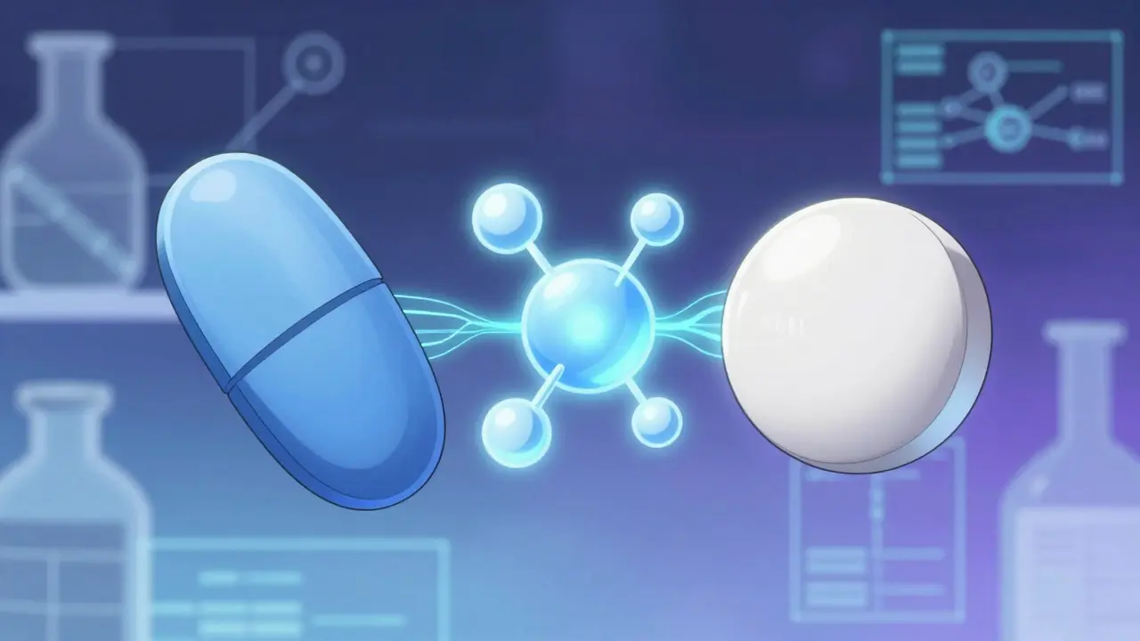 Two pills merging into identical molecule in lab setting