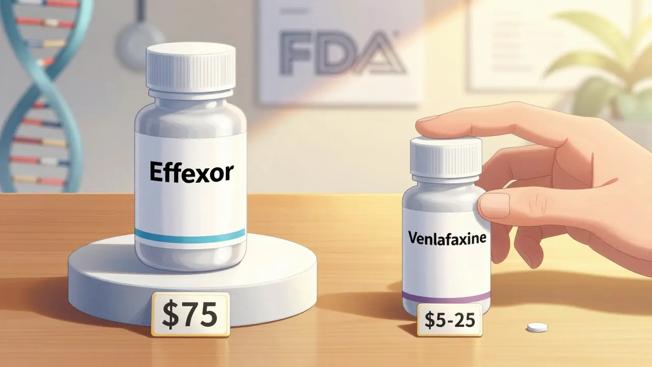 Comparison of expensive brand-name pills vs affordable generic venlafaxine bottles