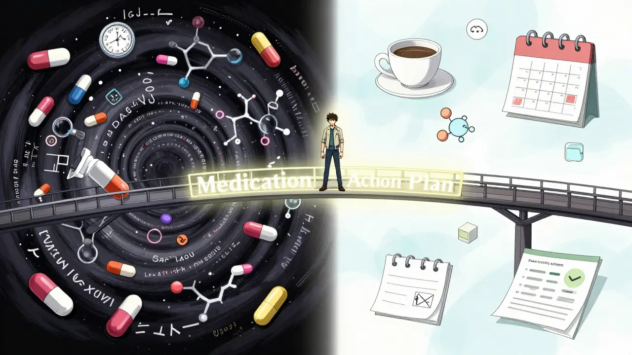 Conceptual art of a medication plan bridging complex medicine and daily life