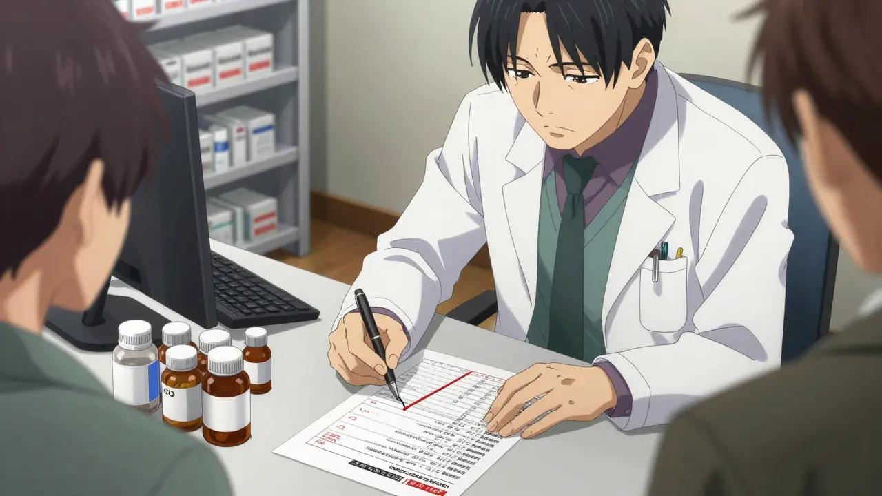 Doctor and pharmacist reviewing pill bottles and an action plan with a patient