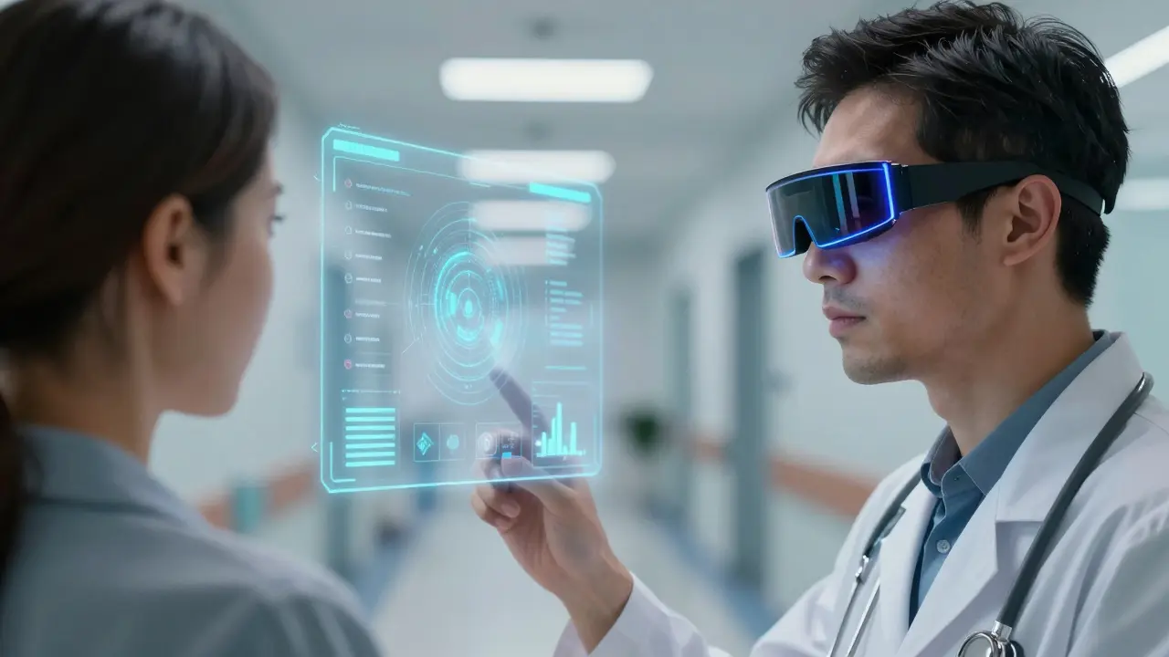 Doctor using AI interface to predict personalized medication safety