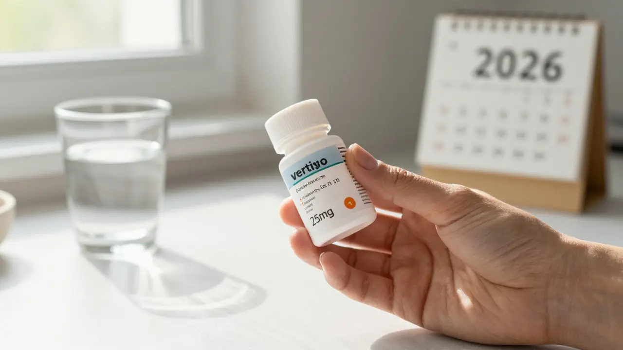 Hand holding a bottle of meclizine pills on a kitchen counter