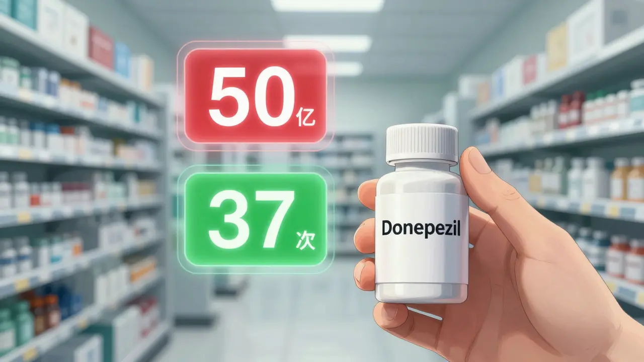 Hand holding donepezil pills with cost comparison graphics