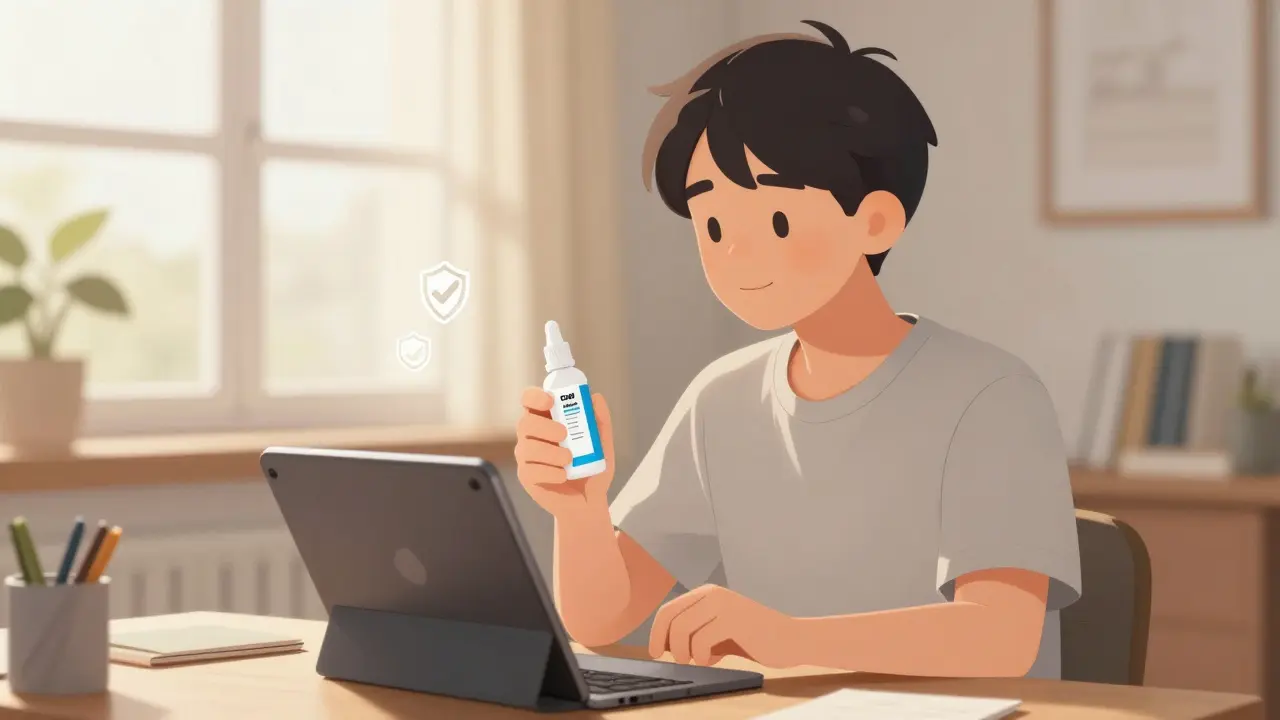 Person having telehealth consult and receiving acne medication at home