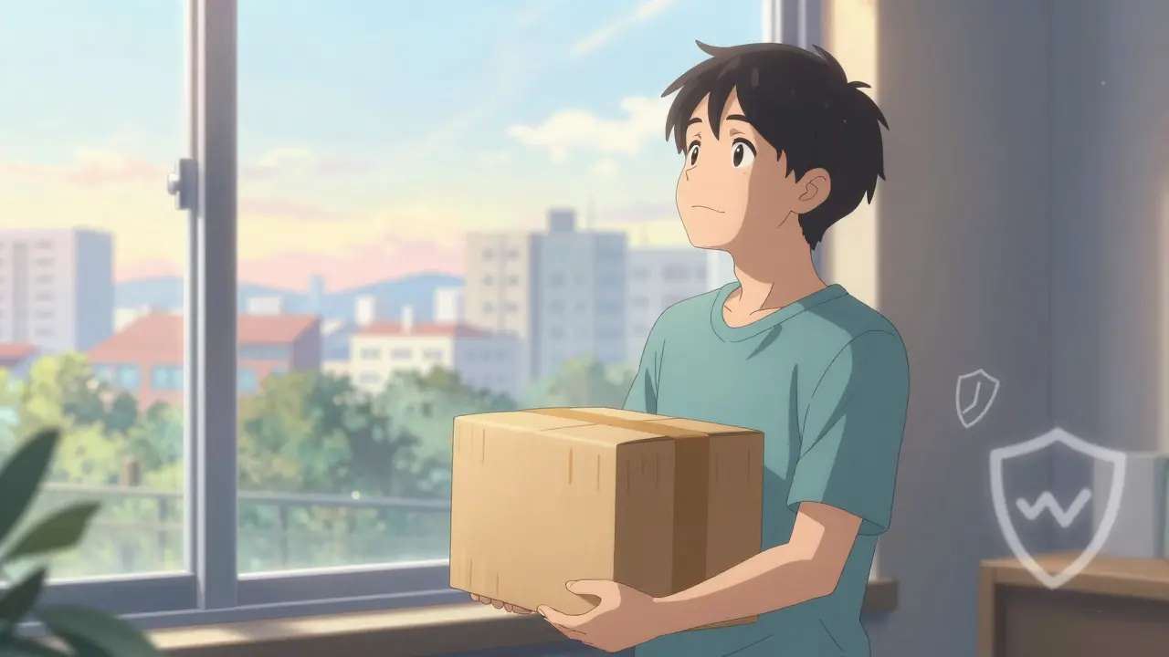 Person receiving a discreet package with a relieved expression in a sunlit room