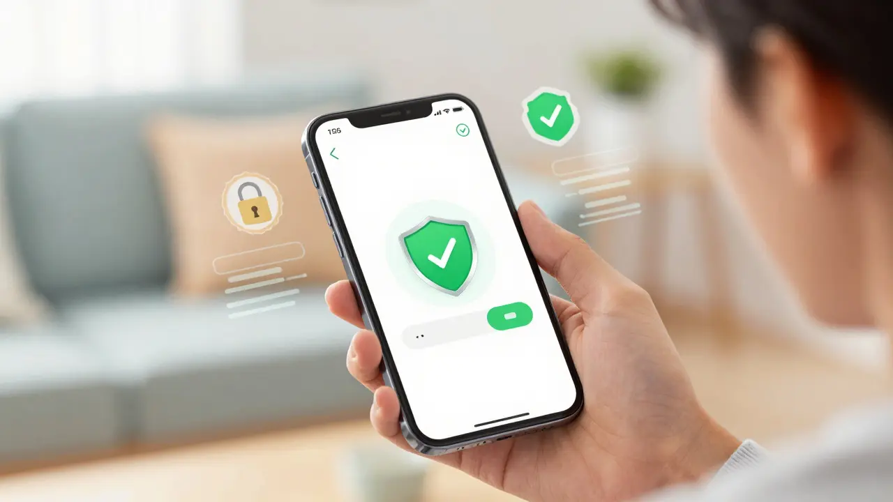 Person using a secure telehealth app on smartphone with safety icons