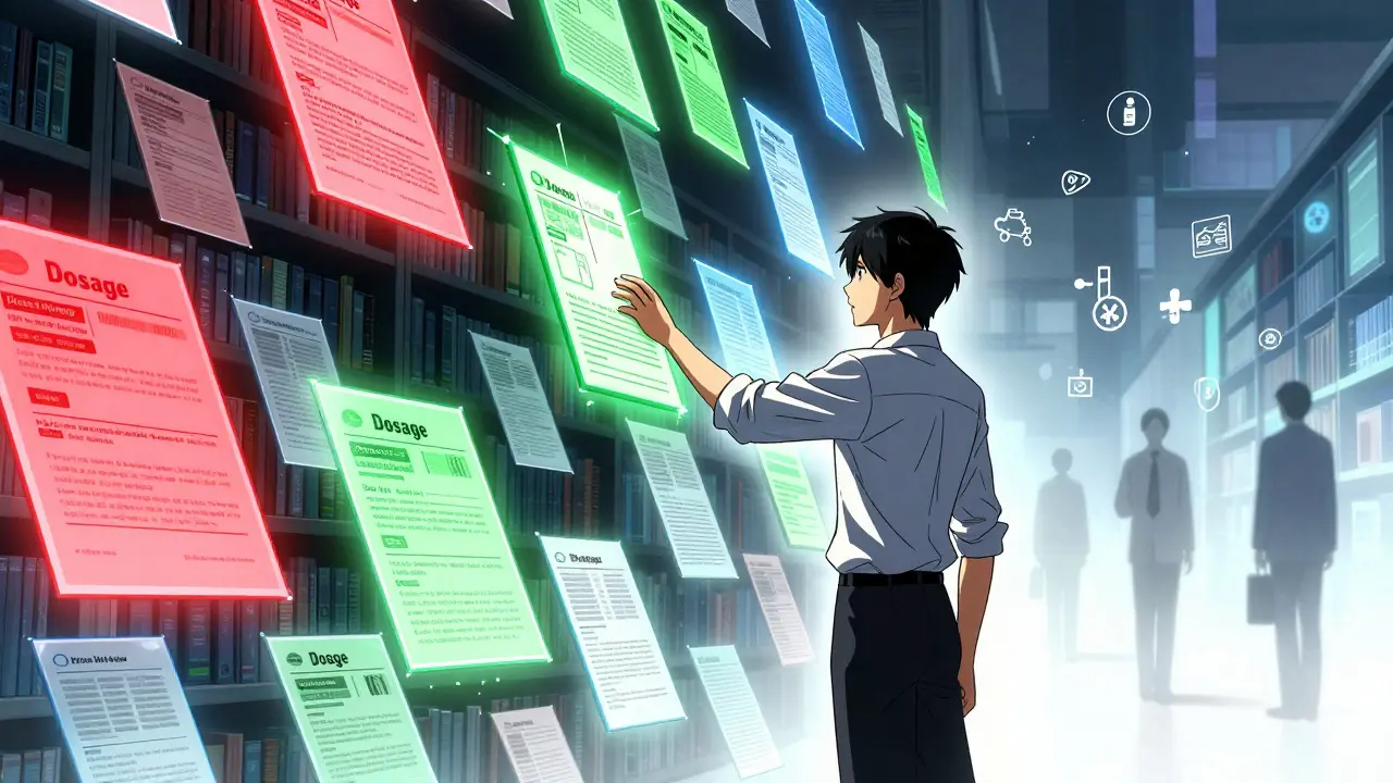 Professional selecting specific drug warning sections from floating digital documents