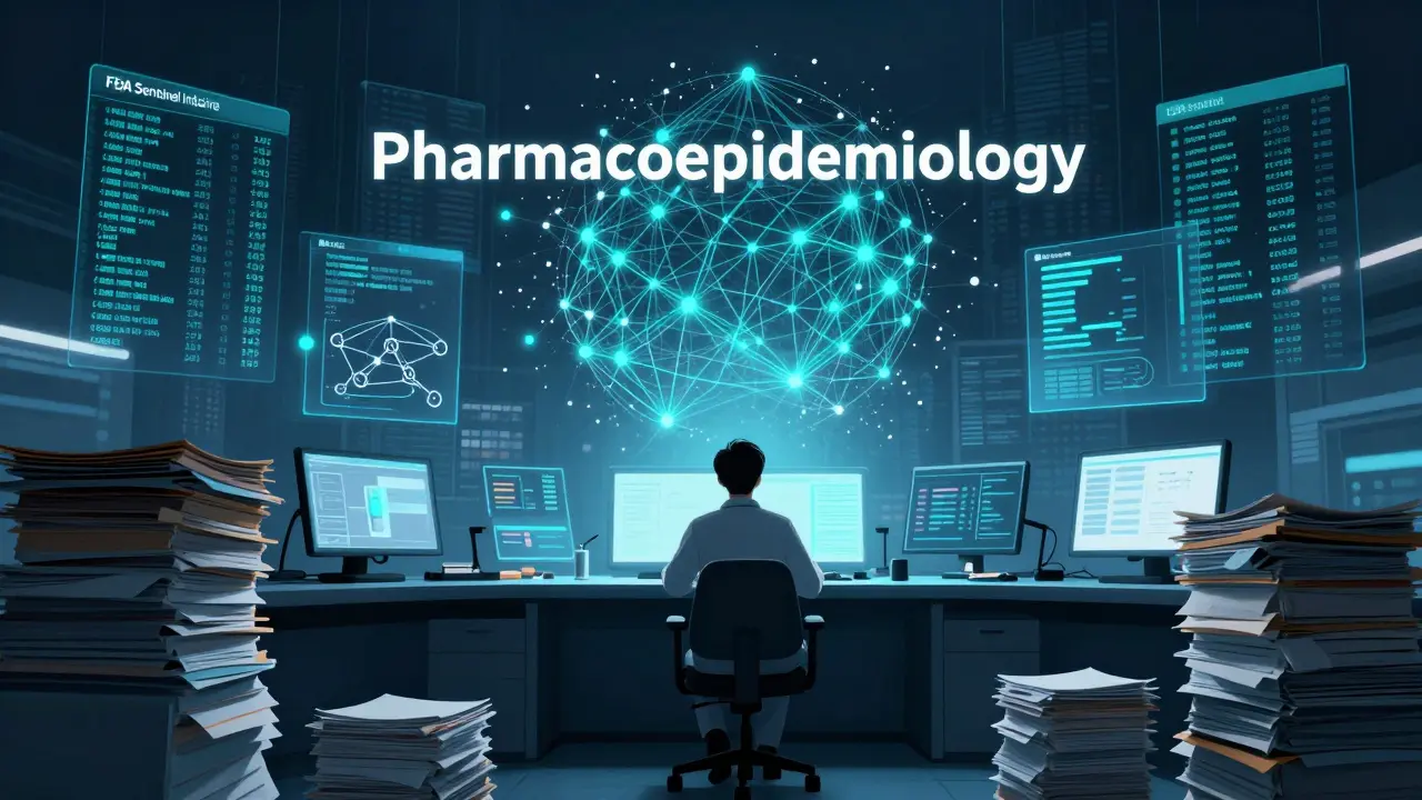 Researcher analyzing vast patient data networks for hidden drug risks