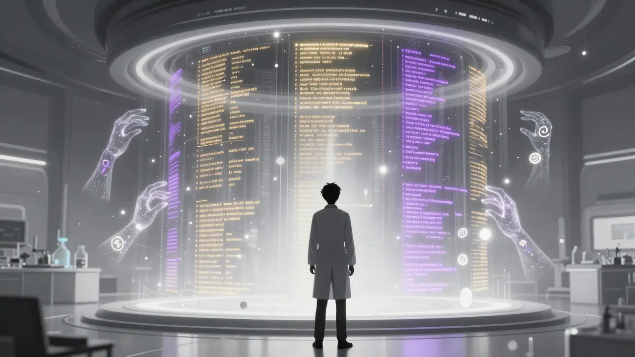 Scientist observing AI organizing complex medical data into structured insights