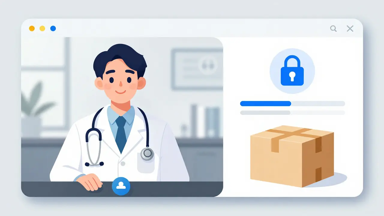 Split scene showing a virtual doctor consultation and discreet medication delivery