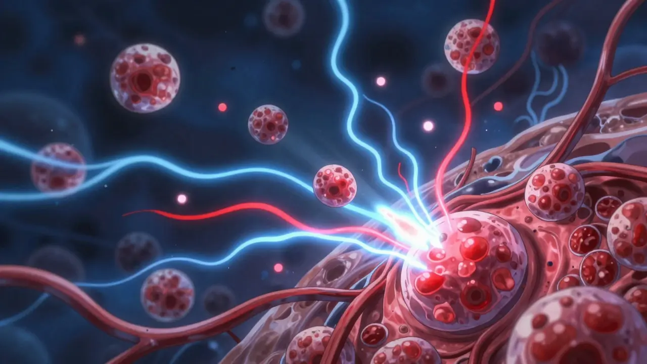 Abstract art of mast cells releasing histamine in anime style