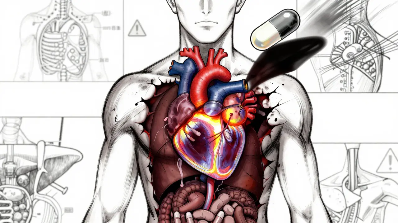 Anatomical illustration showing organ stress from medication