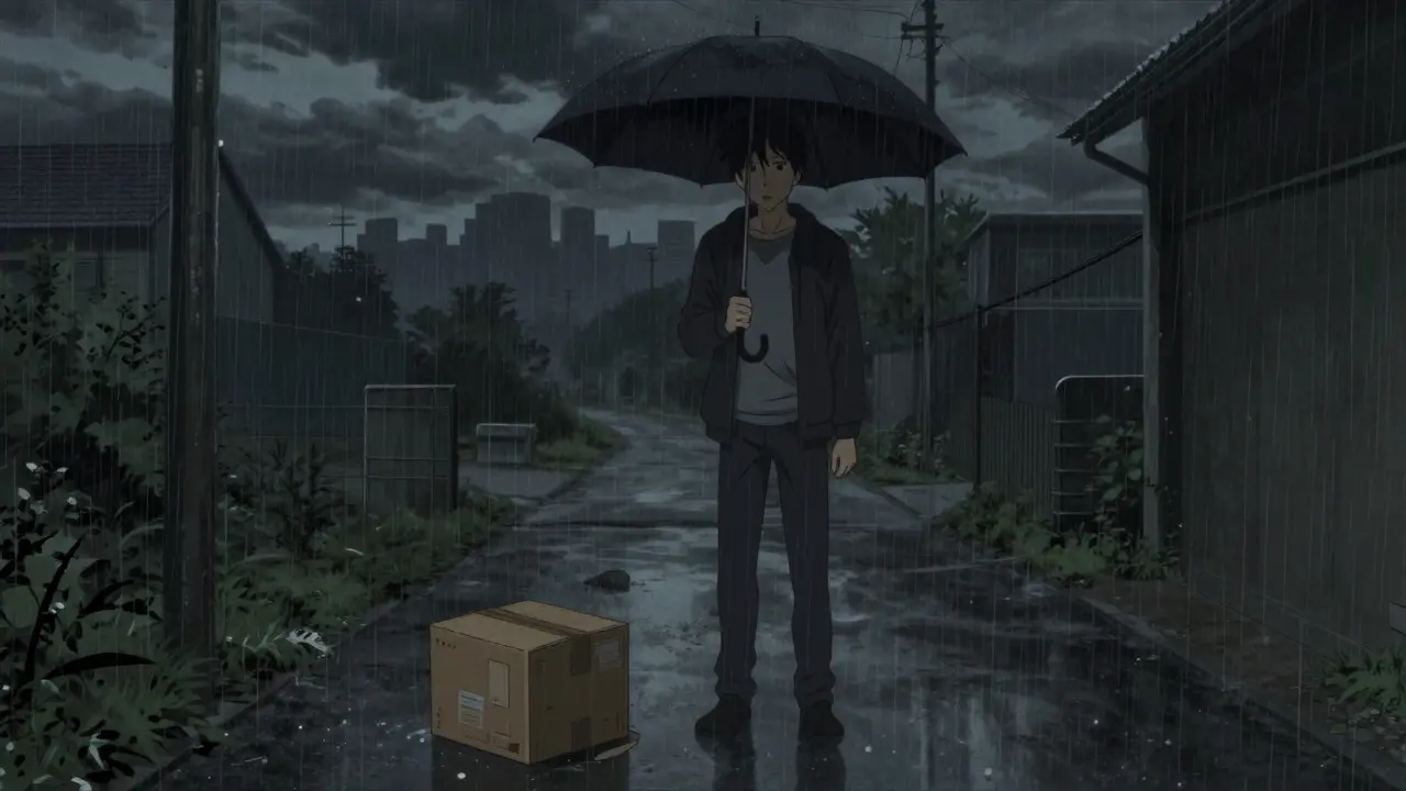 Anxious person finding damaged medicine package in rainy driveway