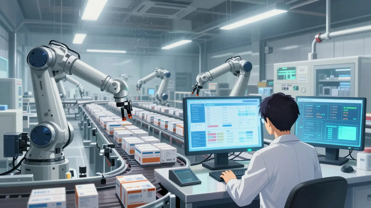 Automated pharmacy warehouse with robots sorting medications efficiently