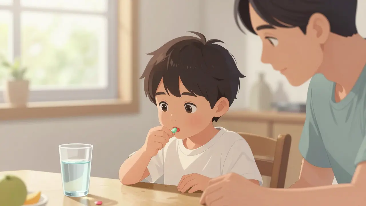 Child carefully chewing a tablet while parent watches