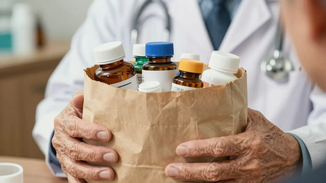 Close-up of elderly hands holding a brown bag full of medication bottles in manga art style.
