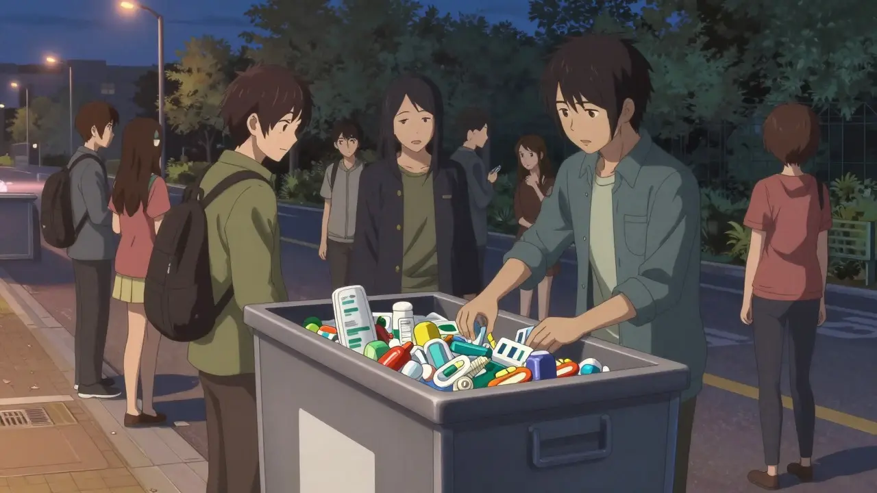Community drug take-back collection box at dusk