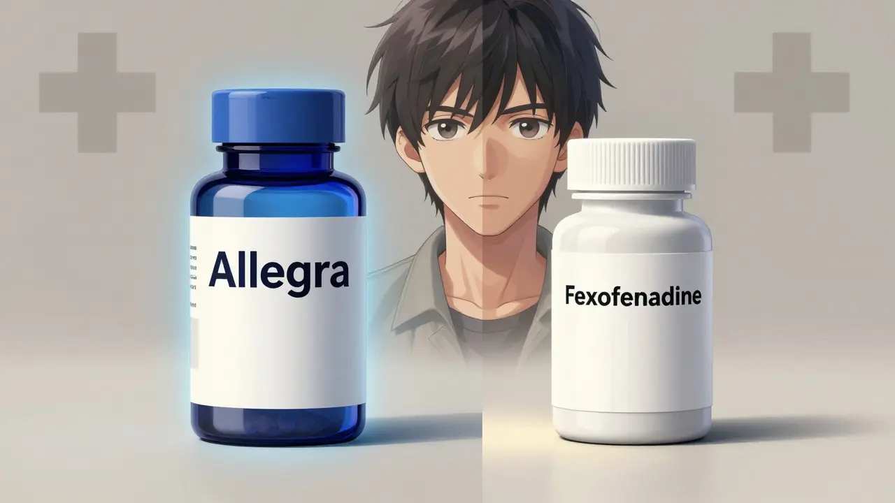 Comparison of brand name and generic allergy pill bottles glowing equally