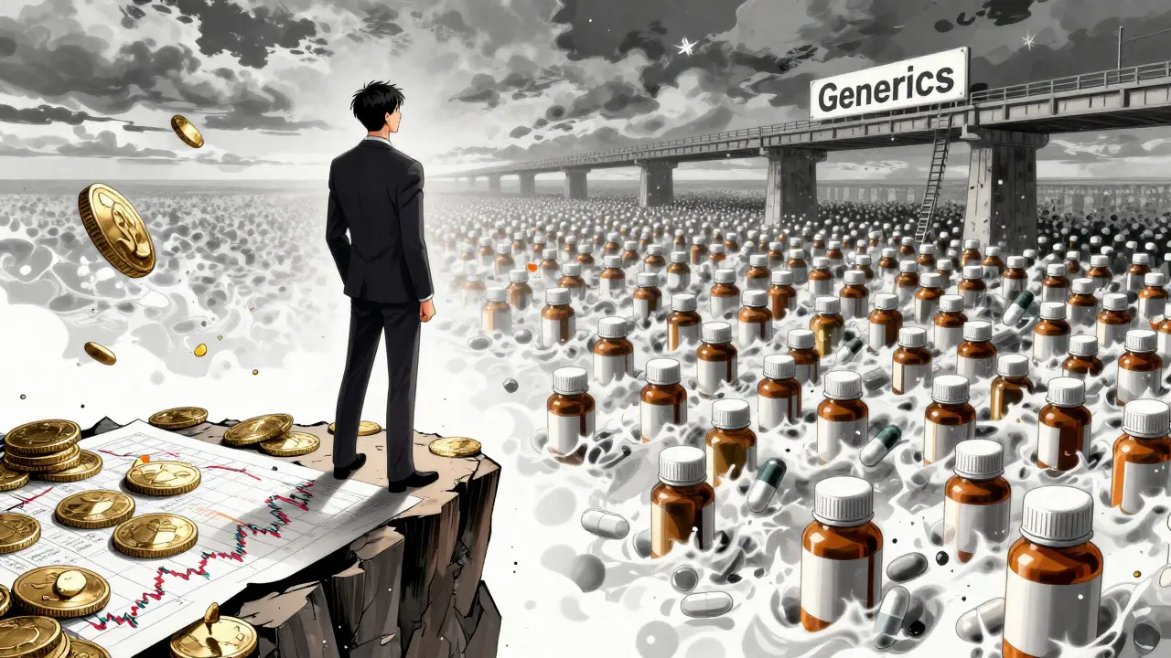 Executive on a crumbling cliff as generic drugs rise from below