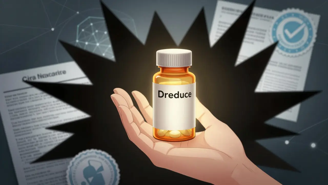 Hand holding glowing generic pill bottle amidst dark financial shadows