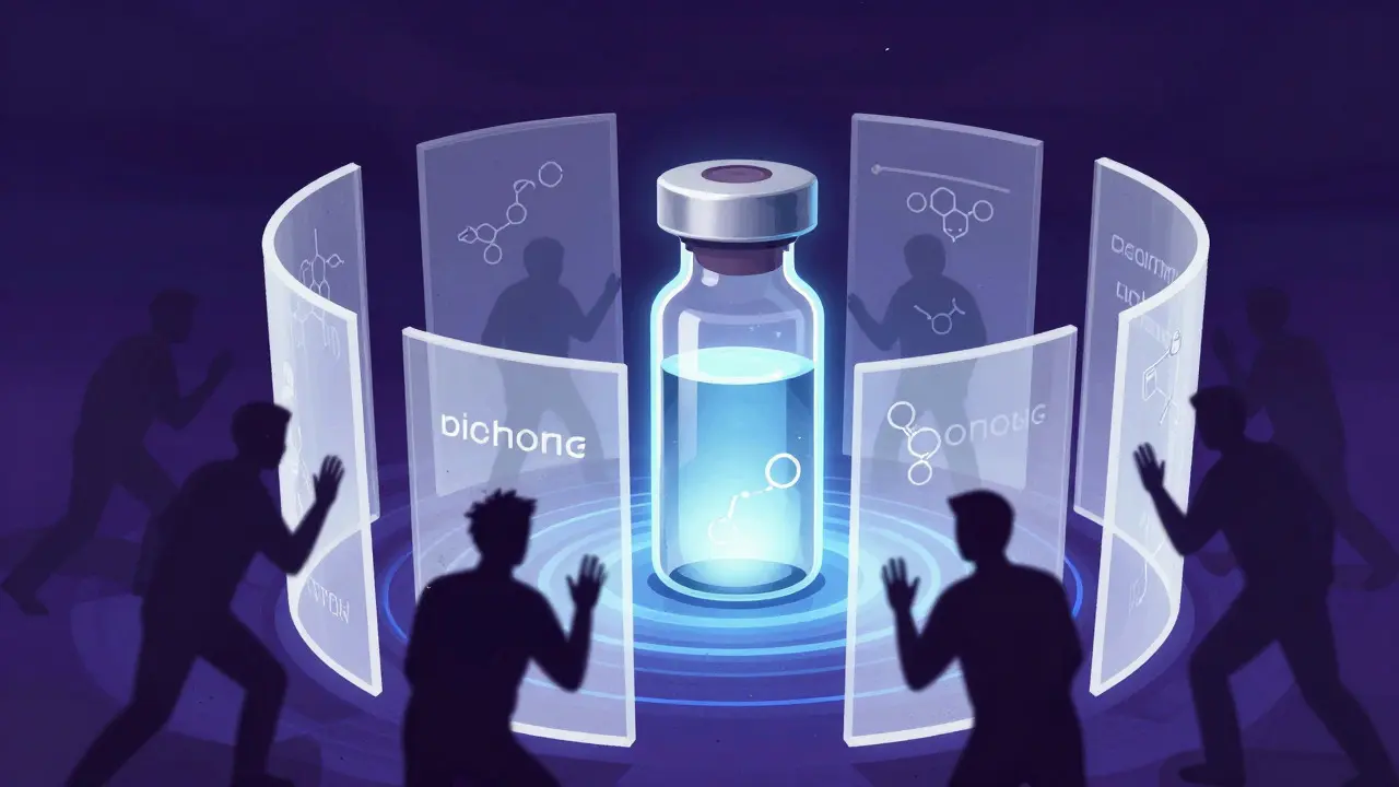 Medicine vial protected by layered patent shields against competitors