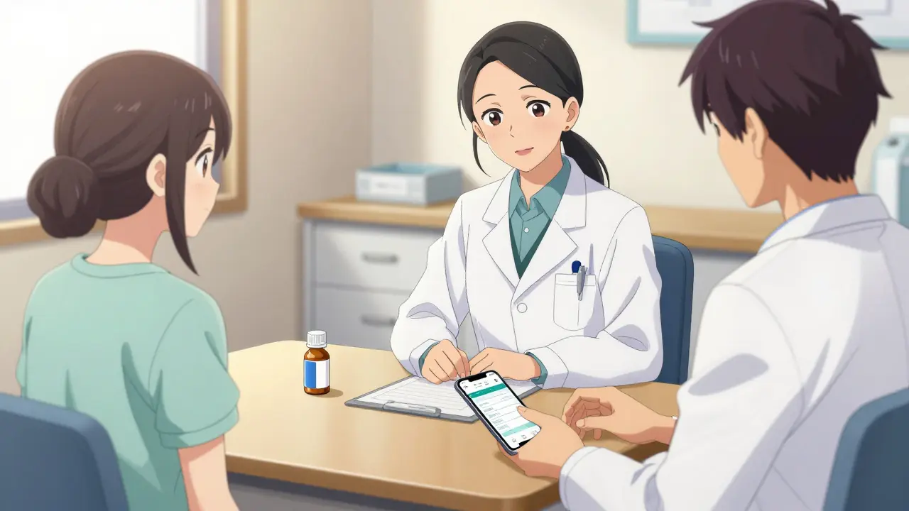 Patient consulting doctor with meds in anime style