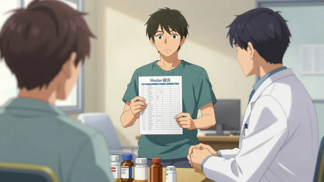 Patient discussing medication list with a doctor