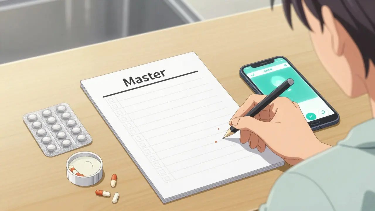 Person reviewing a medication list on a table with a phone, calm and organized anime scene.