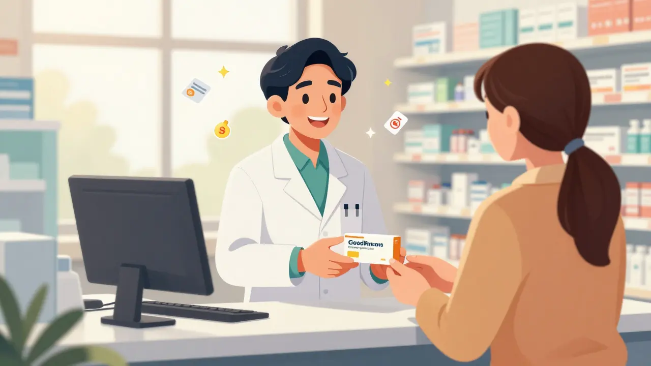 Pharmacist handing affordable generic drug to patient