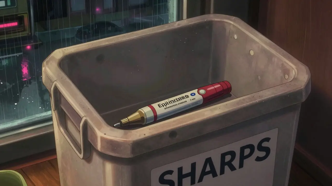 Puncture-proof sharps container holding an expired EpiPen