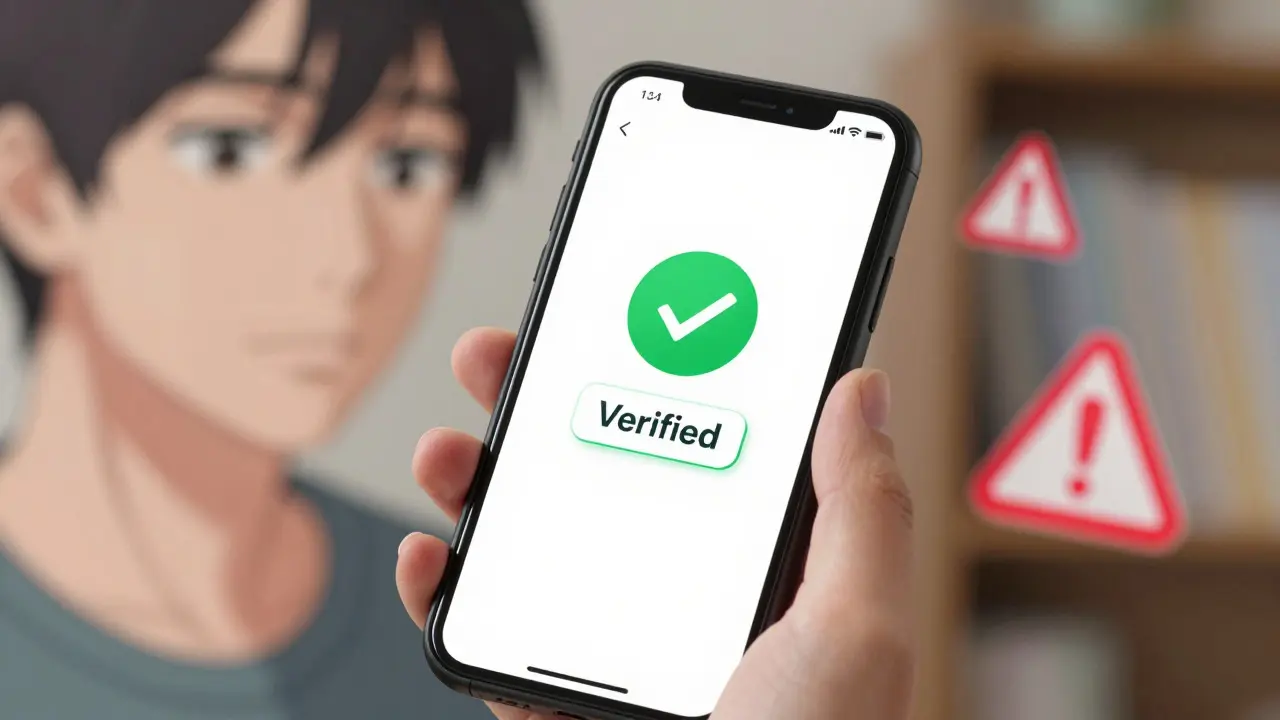 Smartphone displaying verified pharmacy app with secure checkmark