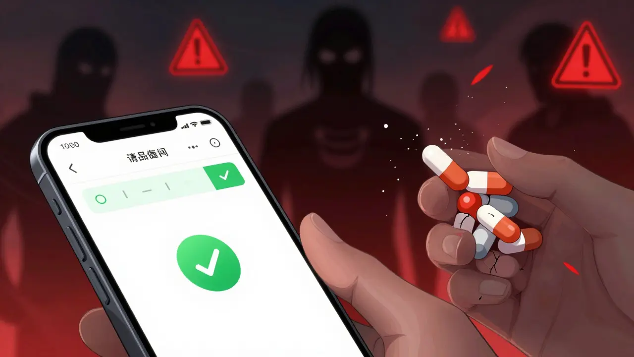 Smartphone showing safe pharmacy site vs shady counterfeit pills