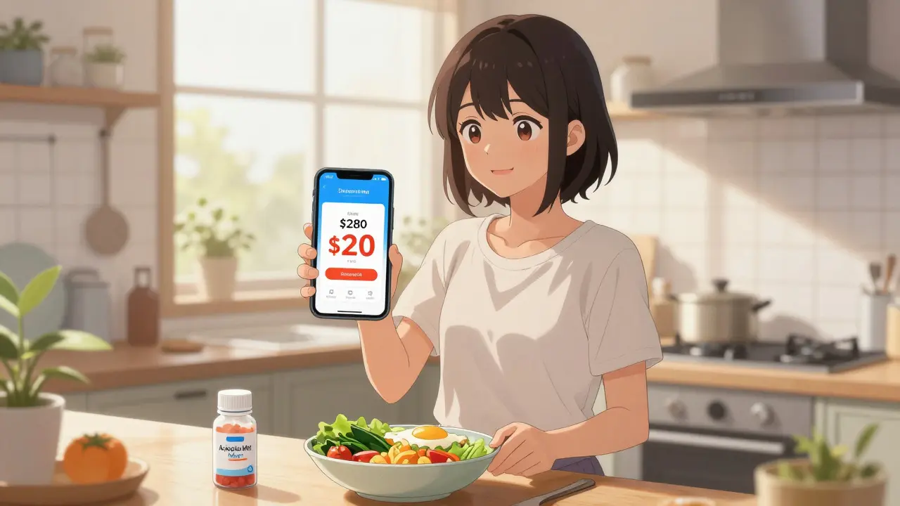 Woman smiling at phone showing cheap drug discount coupon
