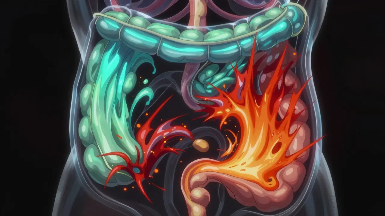 Abstract illustration of esophageal muscle contractions and blockage in anime style
