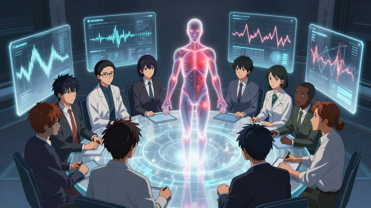 Anime depiction of a team collaborating around a holographic display of drug safety signals