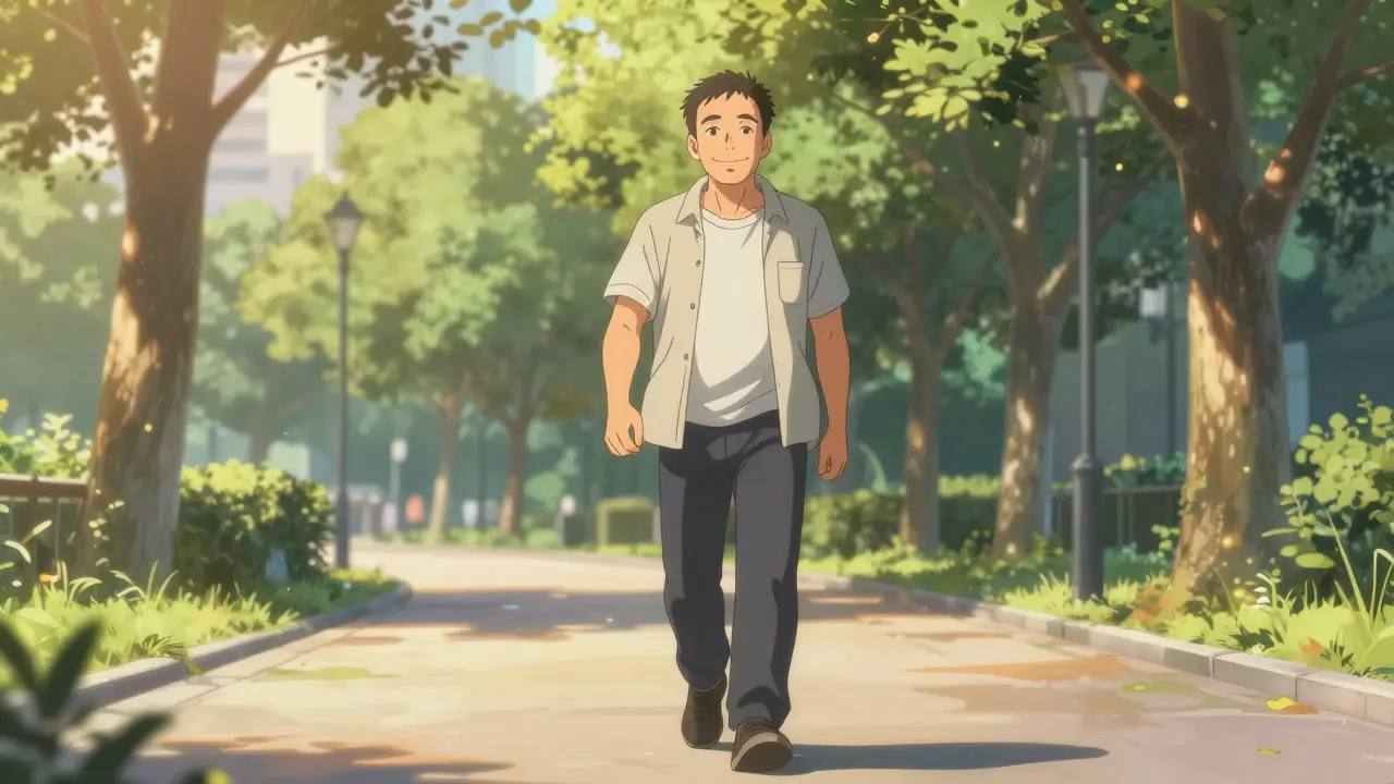 Anime-style man walking happily in a sunny park after feeling better