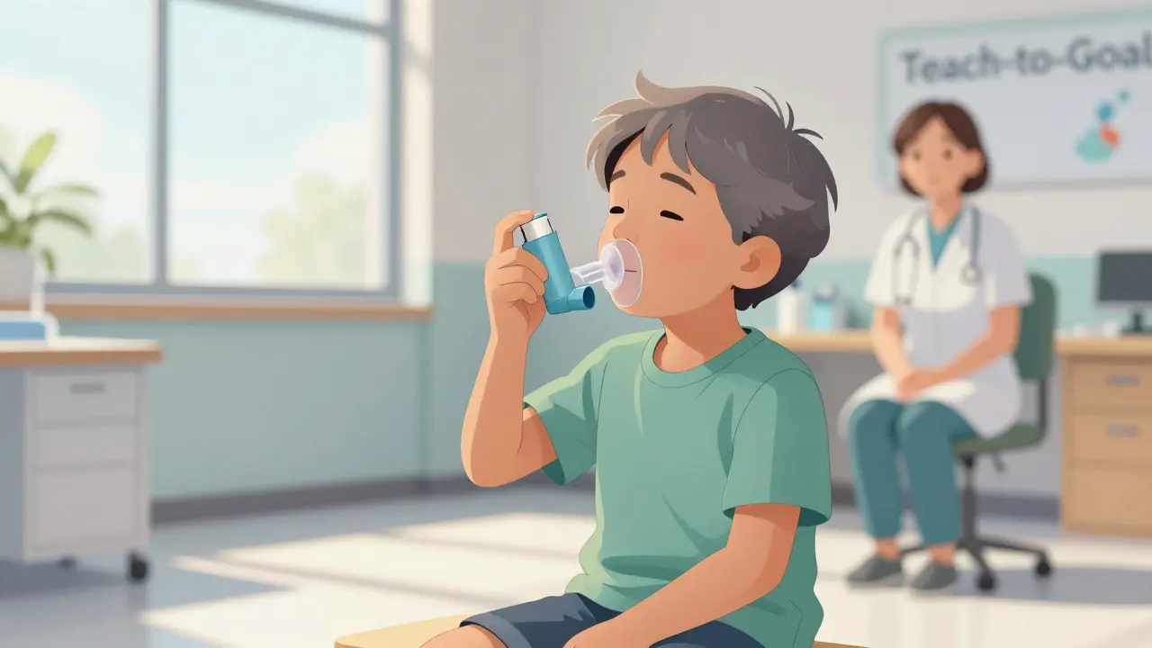 Child practicing inhaler technique with a spacer in a bright clinic room