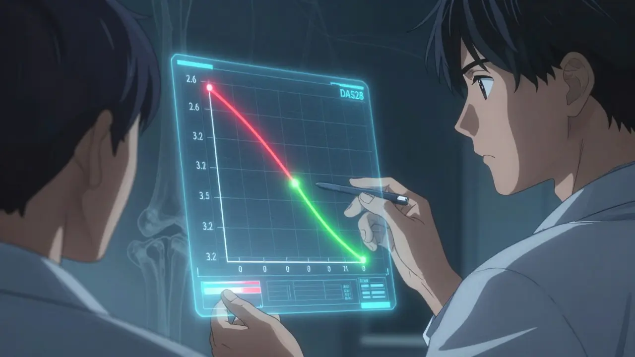 Doctor and patient reviewing disease activity scores