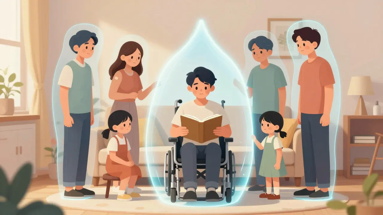 Family forming a protective barrier around an immunocompromised person