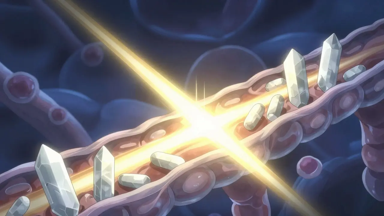Golden light guiding white calcium crystals through a biological channel