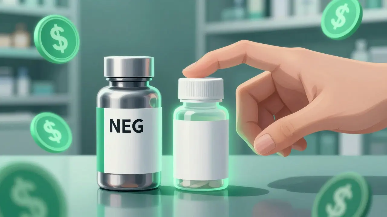 Hand choosing generic pill bottle over expensive brand name