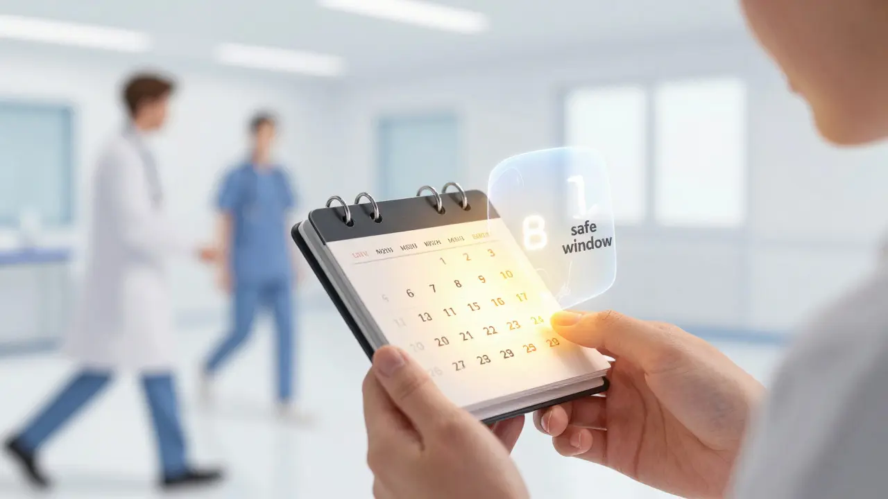 Hand selecting a safe vaccination window on a holographic calendar