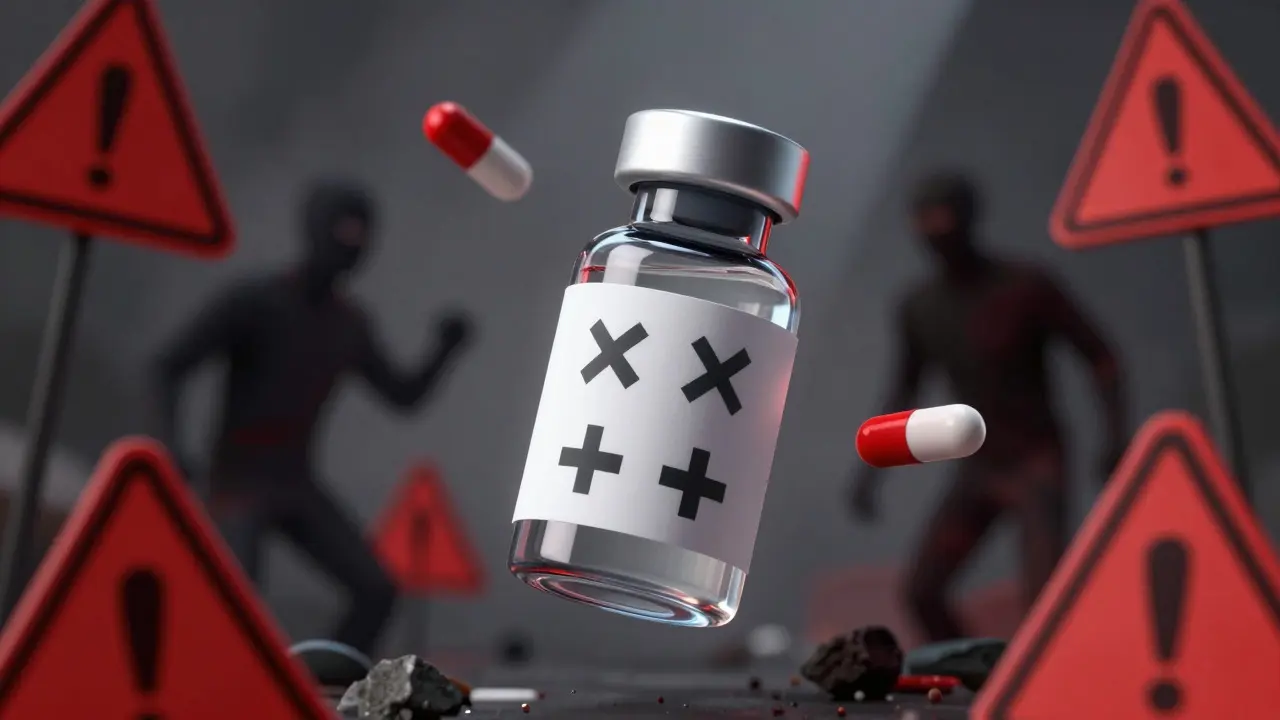Legitimate medicine bottle illuminated against dark, dangerous background