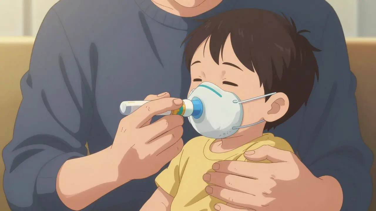 Parent holding a toddler upright while administering asthma medication via mask