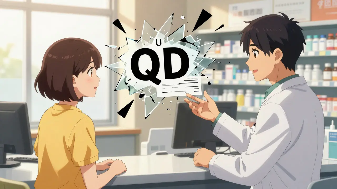 Patient and pharmacist discussing clear prescription labels in a bright pharmacy