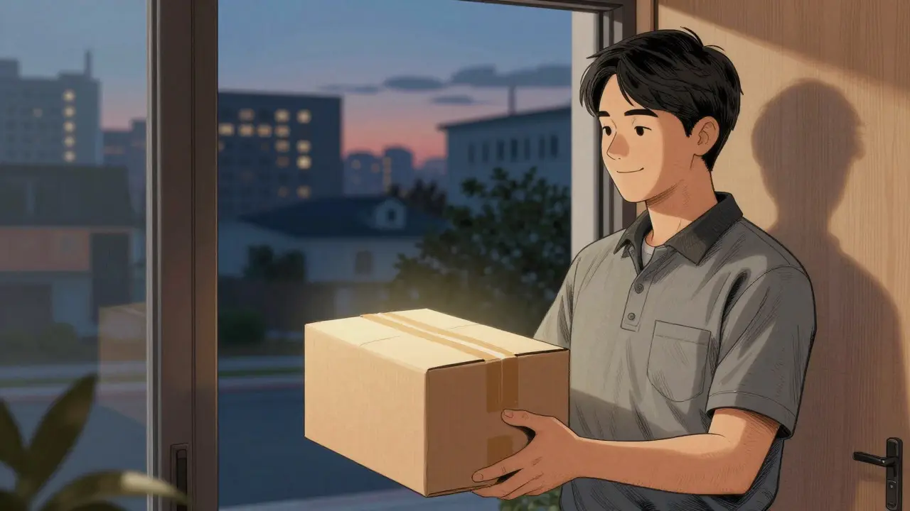 Person receiving a safe medication delivery package at home